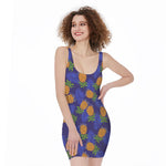 Blue Leaf Pineapple Pattern Print Sleeveless Bodycon Dress