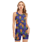 Blue Leaf Pineapple Pattern Print Sleeveless One Piece Swimsuit