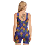 Blue Leaf Pineapple Pattern Print Sleeveless One Piece Swimsuit