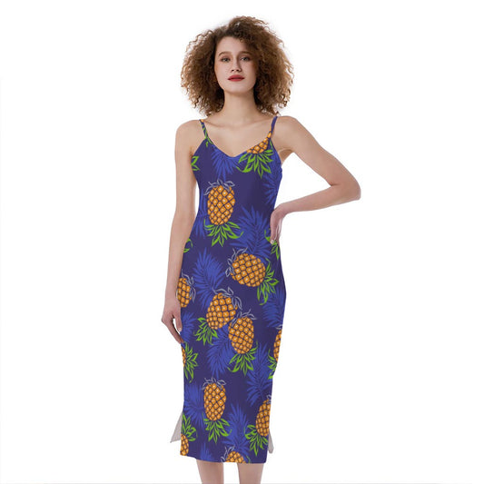 Blue Leaf Pineapple Pattern Print Slim Fit Midi Cami Dress