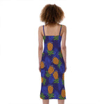 Blue Leaf Pineapple Pattern Print Slim Fit Midi Cami Dress