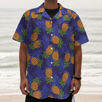 Blue Leaf Pineapple Pattern Print Textured Short Sleeve Shirt