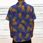 Blue Leaf Pineapple Pattern Print Textured Short Sleeve Shirt