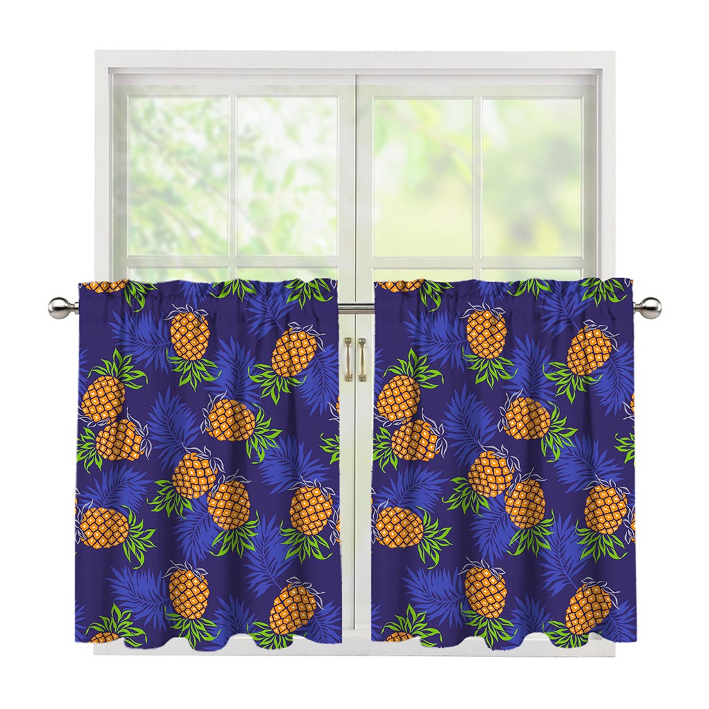 Blue Leaf Pineapple Pattern Print Tier Curtains