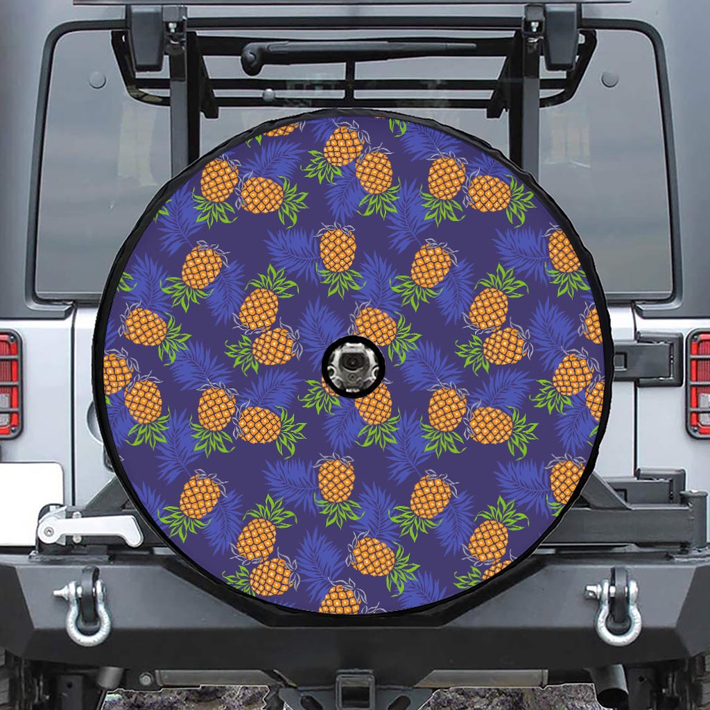 Blue Leaf Pineapple Pattern Print Tire Cover With Camera Hole