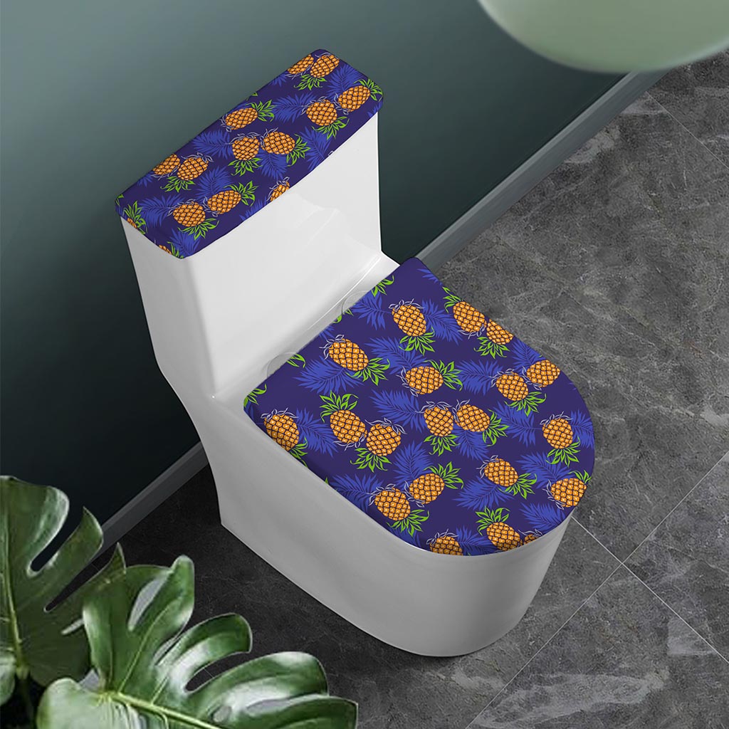 Blue Leaf Pineapple Pattern Print Toilet Lid And Tank Cover Set
