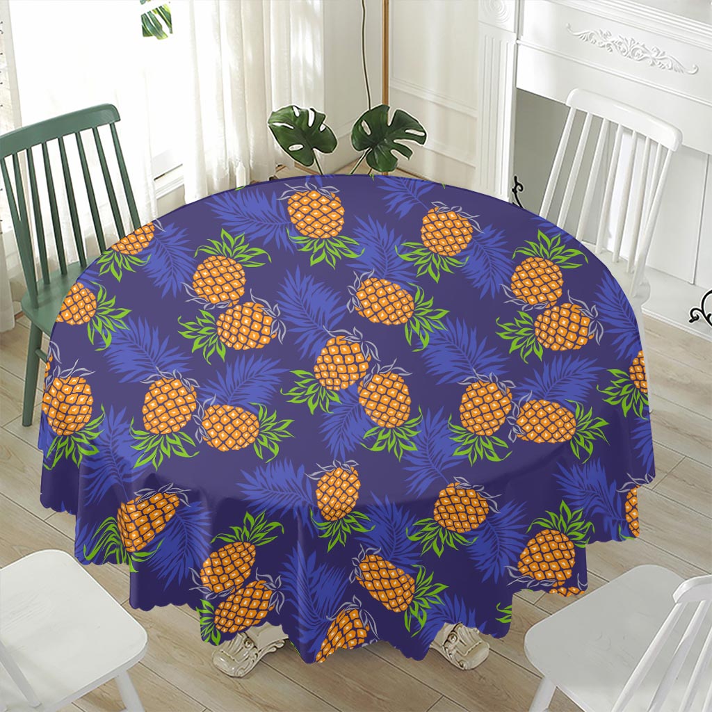 Blue Leaf Pineapple Pattern Print Waterproof Round Tablecloth