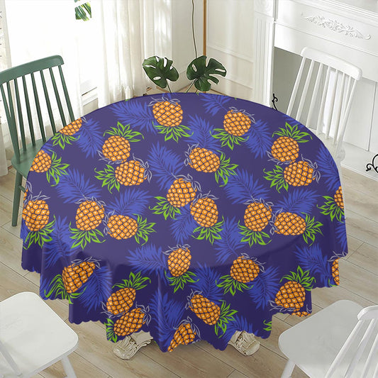 Blue Leaf Pineapple Pattern Print Waterproof Round Tablecloth