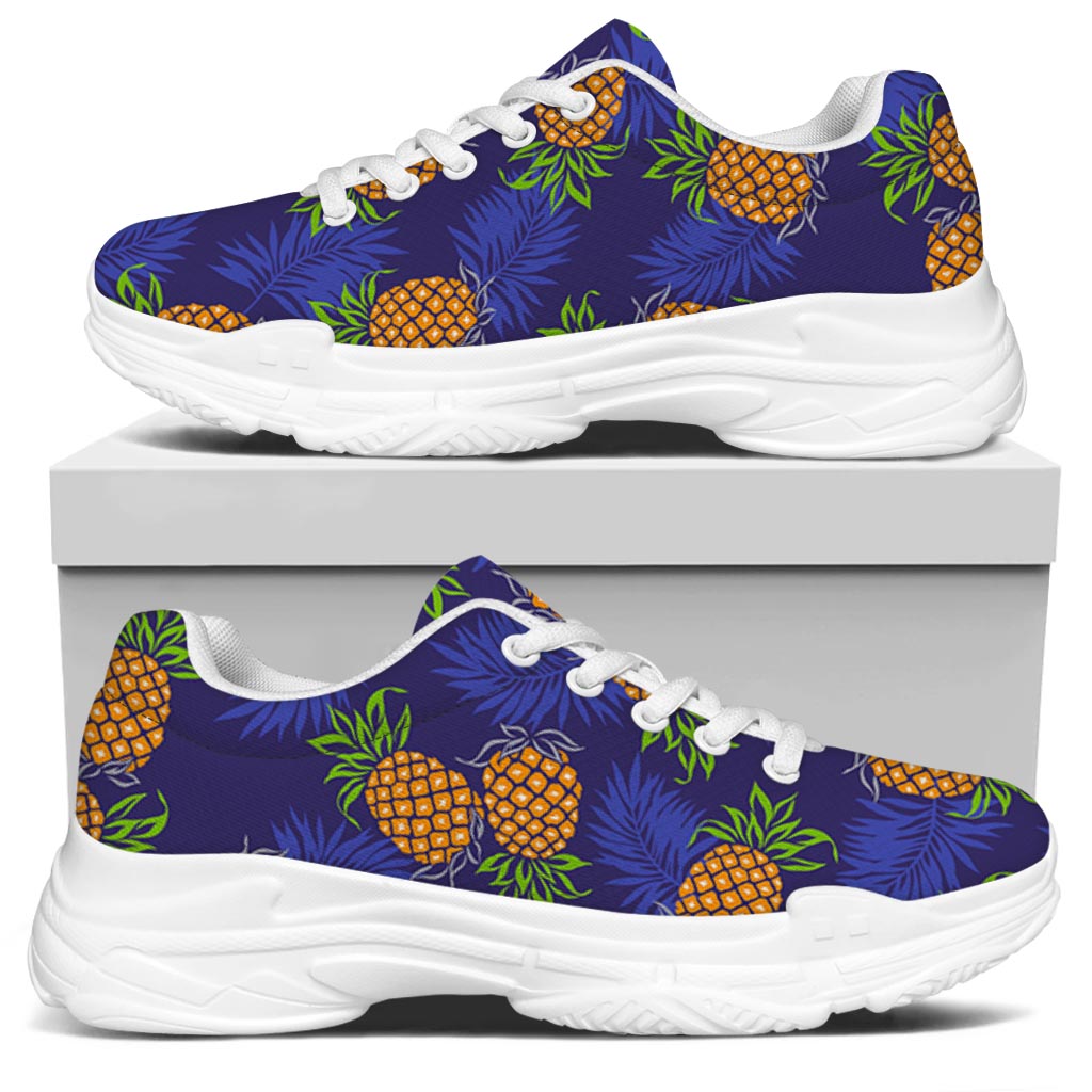 Blue Leaf Pineapple Pattern Print White Chunky Shoes