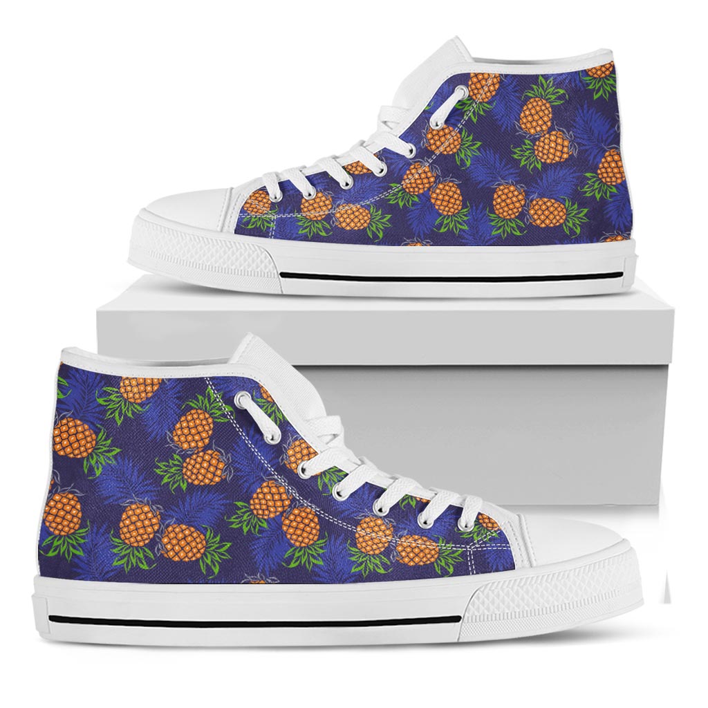 Blue Leaf Pineapple Pattern Print White High Top Sneakers