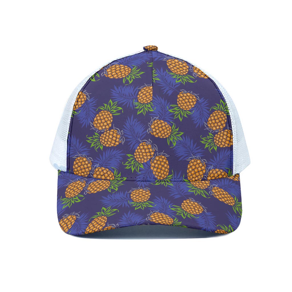 Blue Leaf Pineapple Pattern Print White Mesh Trucker Cap