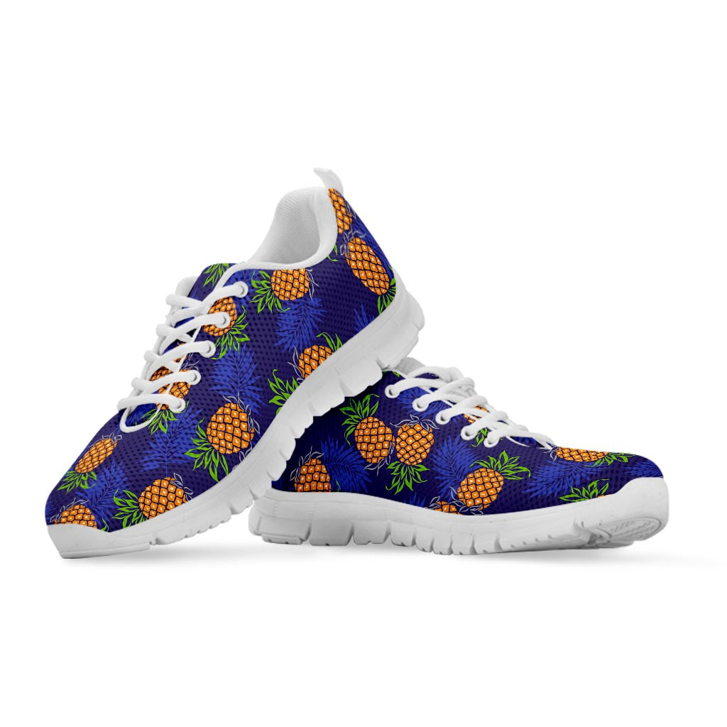 Blue Leaf Pineapple Pattern Print White Running Shoes