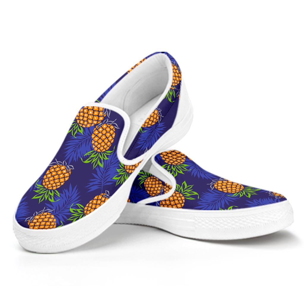 Blue Leaf Pineapple Pattern Print White Slip On Sneakers