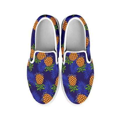 Blue Leaf Pineapple Pattern Print White Slip On Sneakers