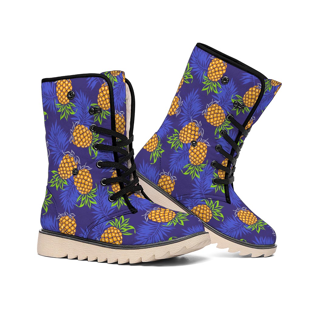 Blue Leaf Pineapple Pattern Print Winter Boots