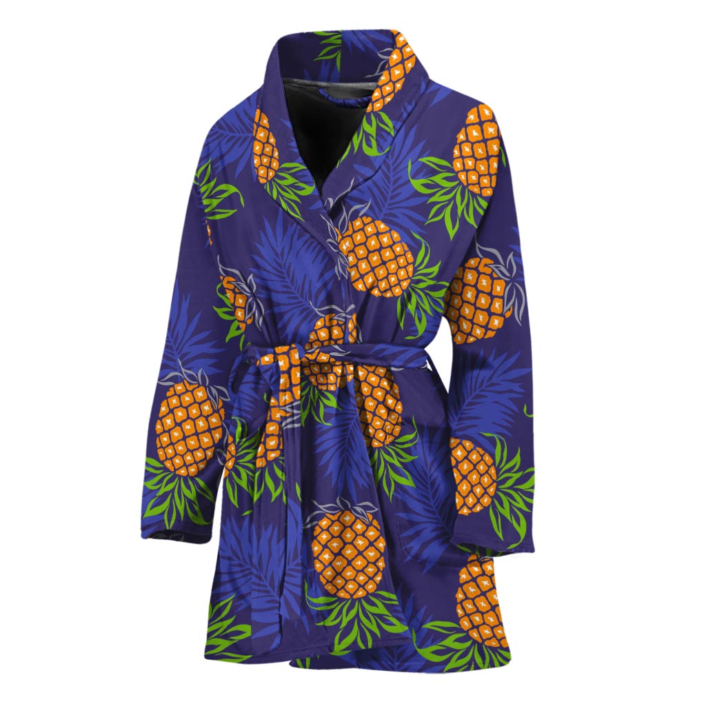 Blue Leaf Pineapple Pattern Print Women's Bathrobe