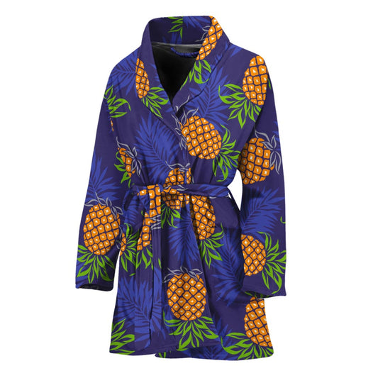 Blue Leaf Pineapple Pattern Print Women's Bathrobe