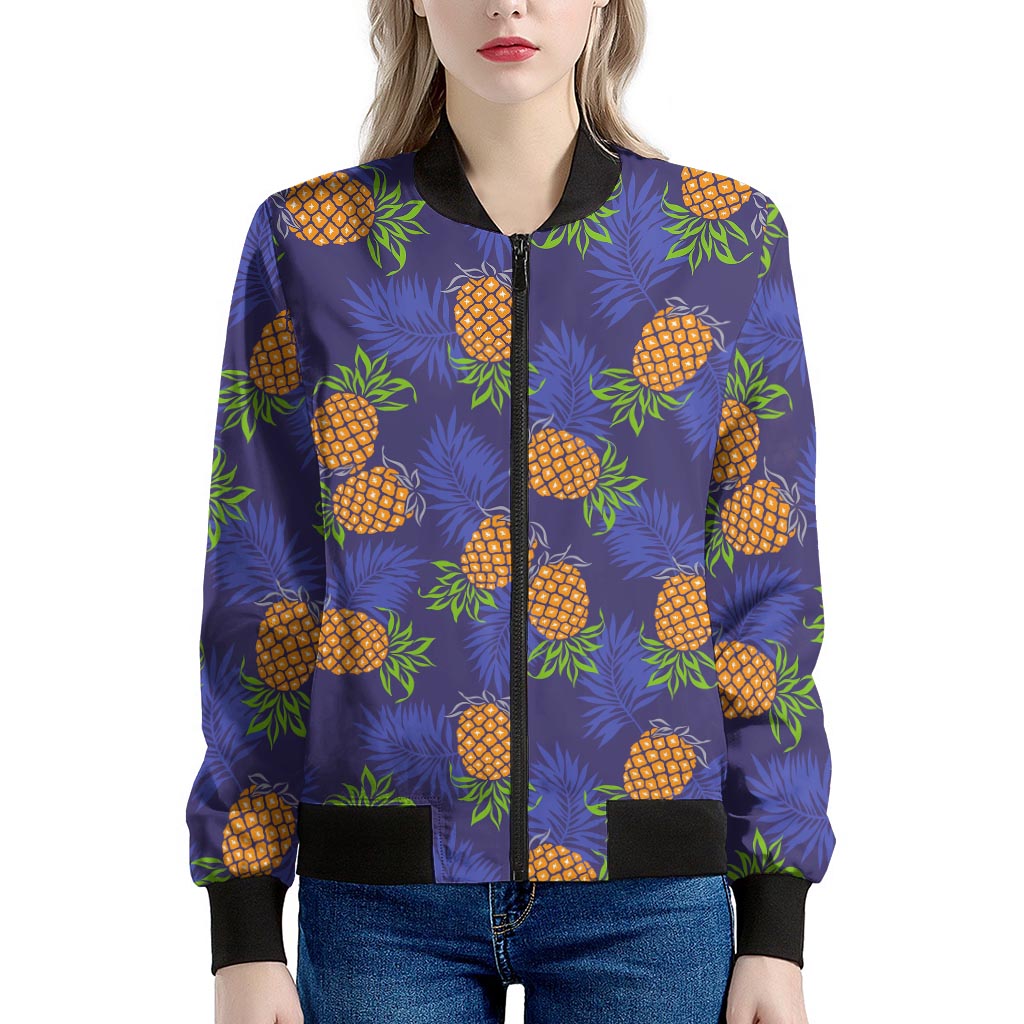 Blue Leaf Pineapple Pattern Print Women's Bomber Jacket