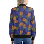 Blue Leaf Pineapple Pattern Print Women's Bomber Jacket