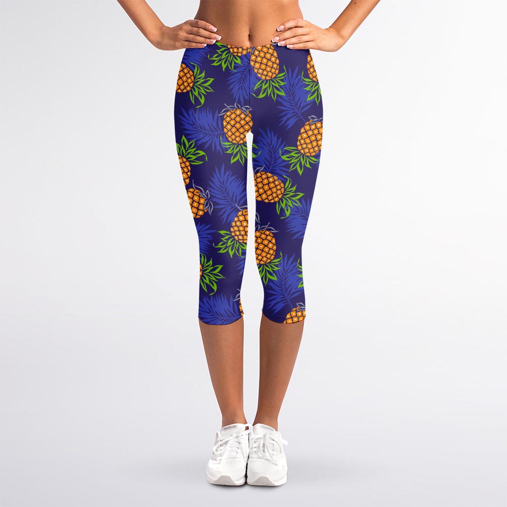 Blue Leaf Pineapple Pattern Print Women's Capri Leggings