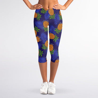 Blue Leaf Pineapple Pattern Print Women's Capri Leggings