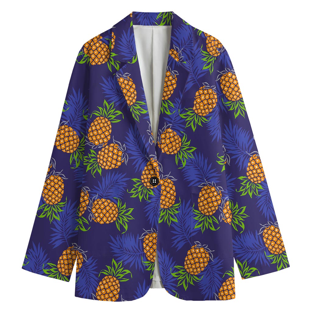 Blue Leaf Pineapple Pattern Print Women's Cotton Blazer