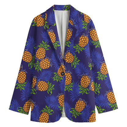 Blue Leaf Pineapple Pattern Print Women's Cotton Blazer