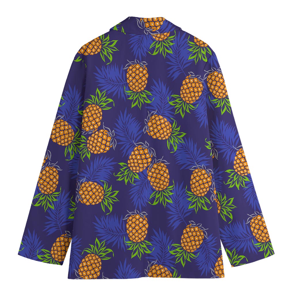 Blue Leaf Pineapple Pattern Print Women's Cotton Blazer