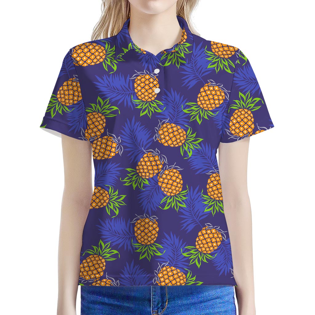 Blue Leaf Pineapple Pattern Print Women's Polo Shirt