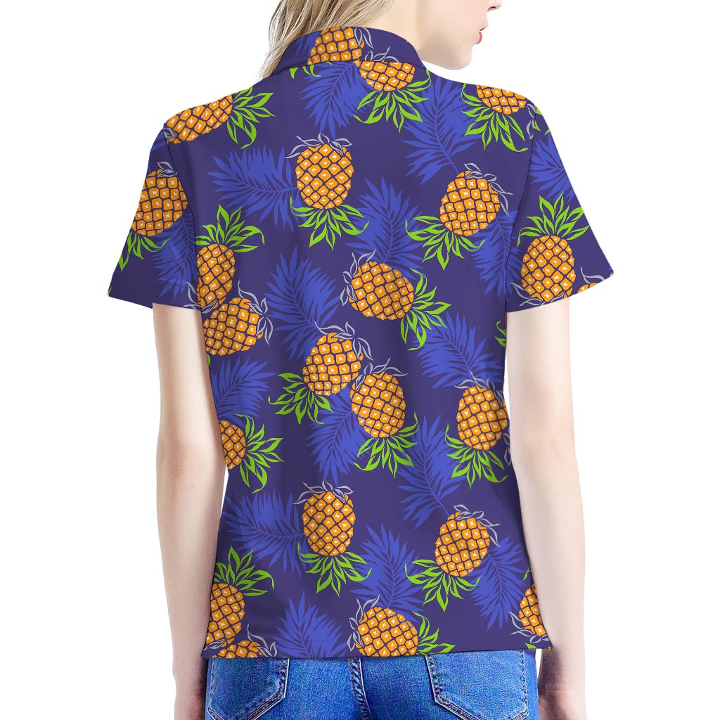 Blue Leaf Pineapple Pattern Print Women's Polo Shirt