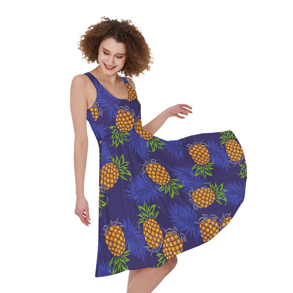 Blue Leaf Pineapple Pattern Print Women's Sleeveless Dress