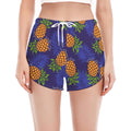 Blue Leaf Pineapple Pattern Print Women's Split Running Shorts