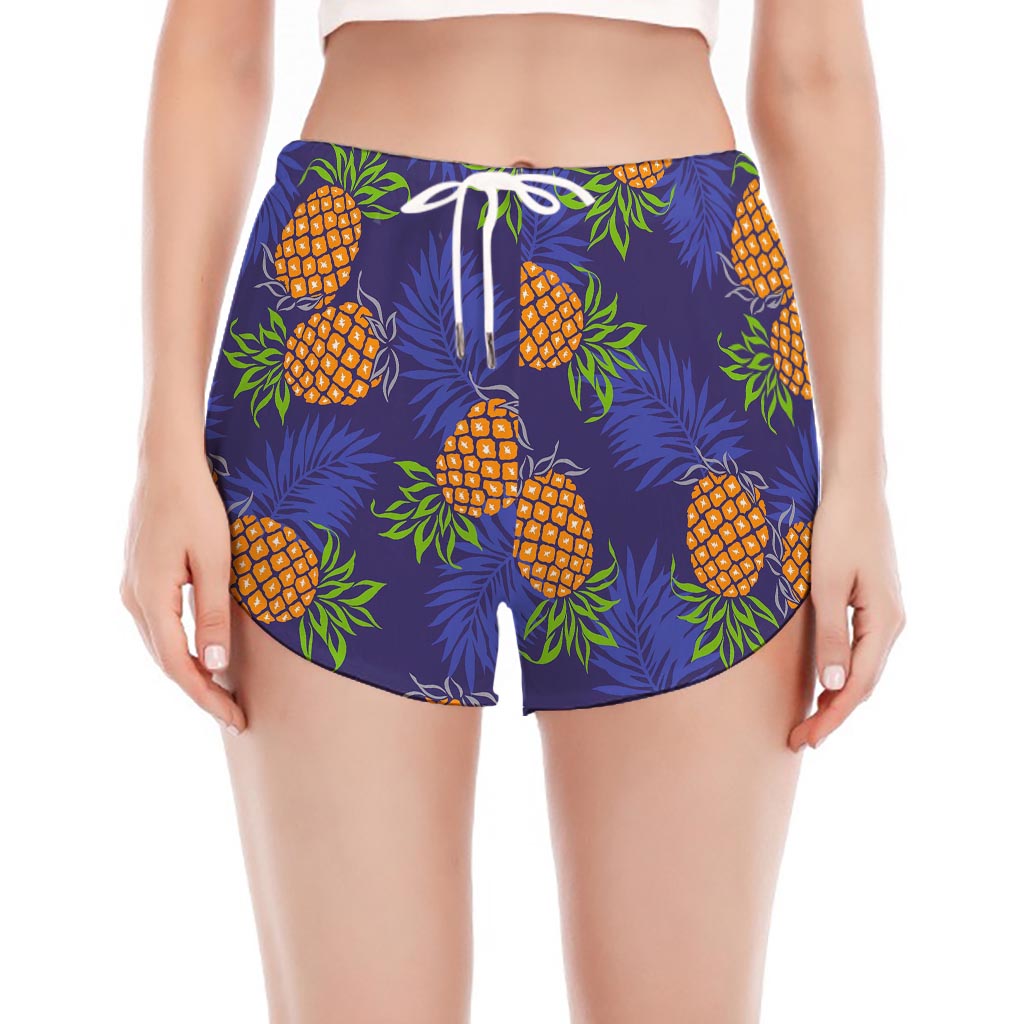 Blue Leaf Pineapple Pattern Print Women's Split Running Shorts