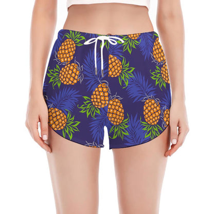 Blue Leaf Pineapple Pattern Print Women's Split Running Shorts