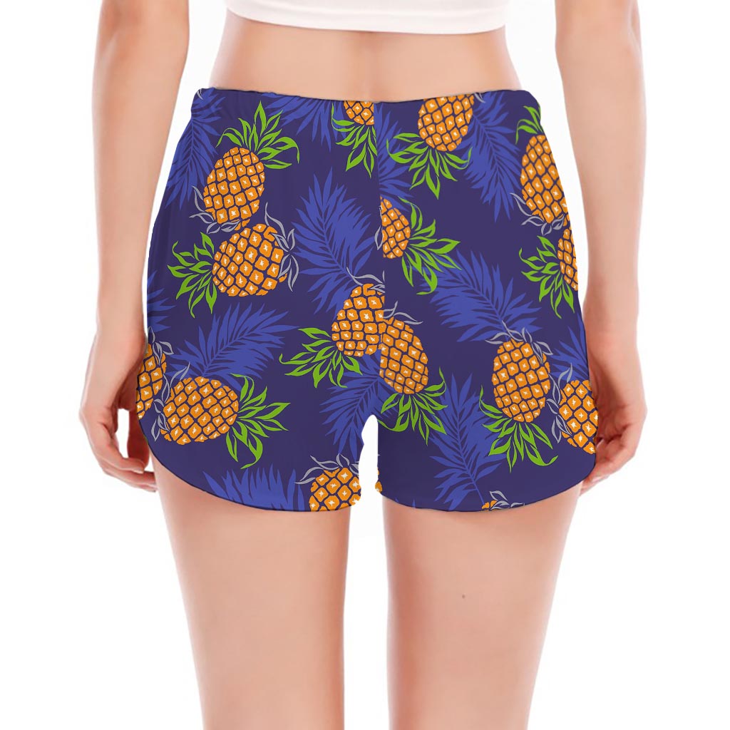 Blue Leaf Pineapple Pattern Print Women's Split Running Shorts