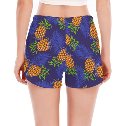 Blue Leaf Pineapple Pattern Print Women's Split Running Shorts