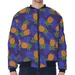 Blue Leaf Pineapple Pattern Print Zip Sleeve Bomber Jacket