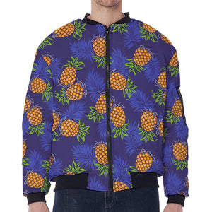 Blue Leaf Pineapple Pattern Print Zip Sleeve Bomber Jacket