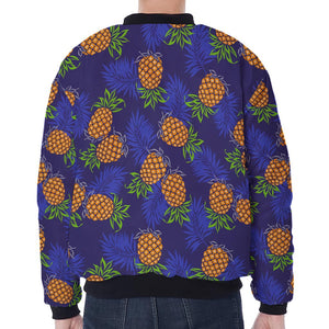 Blue Leaf Pineapple Pattern Print Zip Sleeve Bomber Jacket