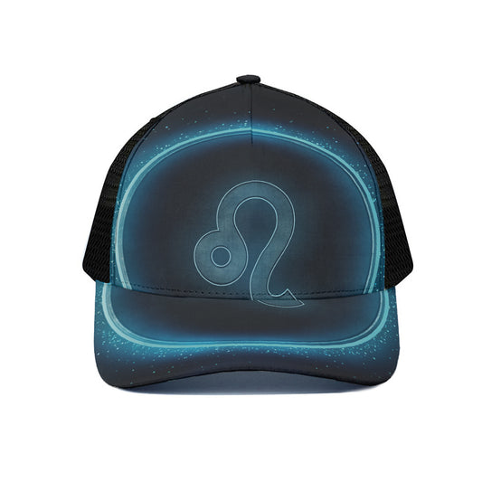 Blue Leo Zodiac Sign Print Black Mesh Trucker Cap