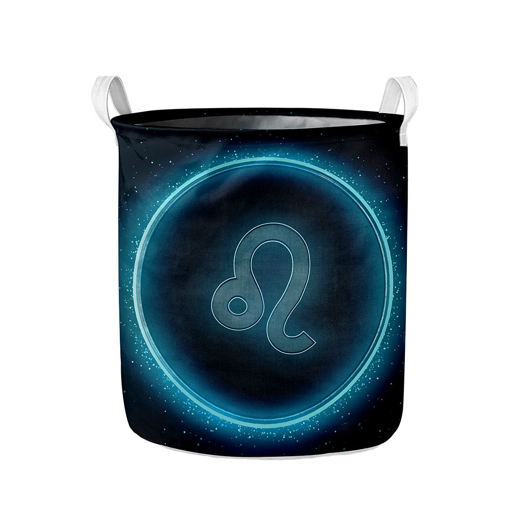 Blue Leo Zodiac Sign Print Collapsible Laundry Basket