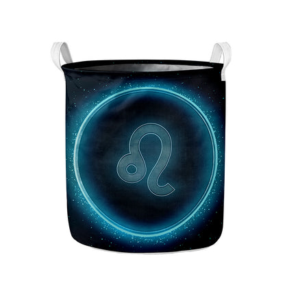 Blue Leo Zodiac Sign Print Collapsible Laundry Basket