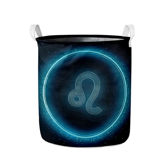 Blue Leo Zodiac Sign Print Collapsible Laundry Basket
