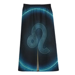 Blue Leo Zodiac Sign Print Cotton Front Slit Maxi Skirt