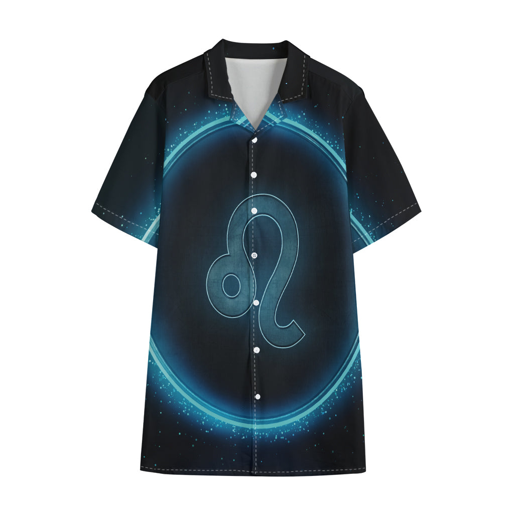 Blue Leo Zodiac Sign Print Cotton Hawaiian Shirt
