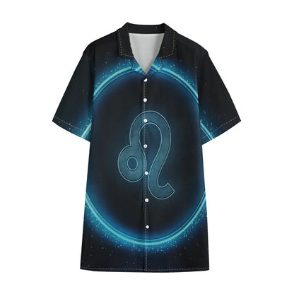 Blue Leo Zodiac Sign Print Cotton Hawaiian Shirt