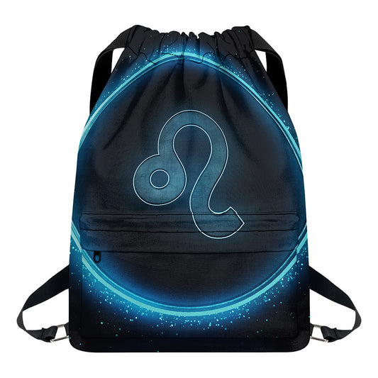Blue Leo Zodiac Sign Print Drawstring Backpack