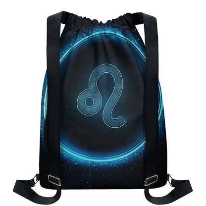 Blue Leo Zodiac Sign Print Drawstring Backpack