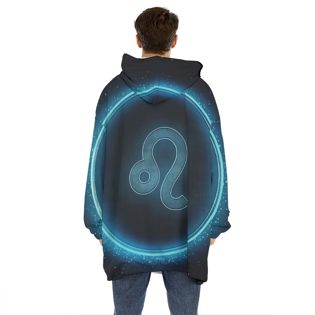 Blue Leo Zodiac Sign Print Hoodie Blanket