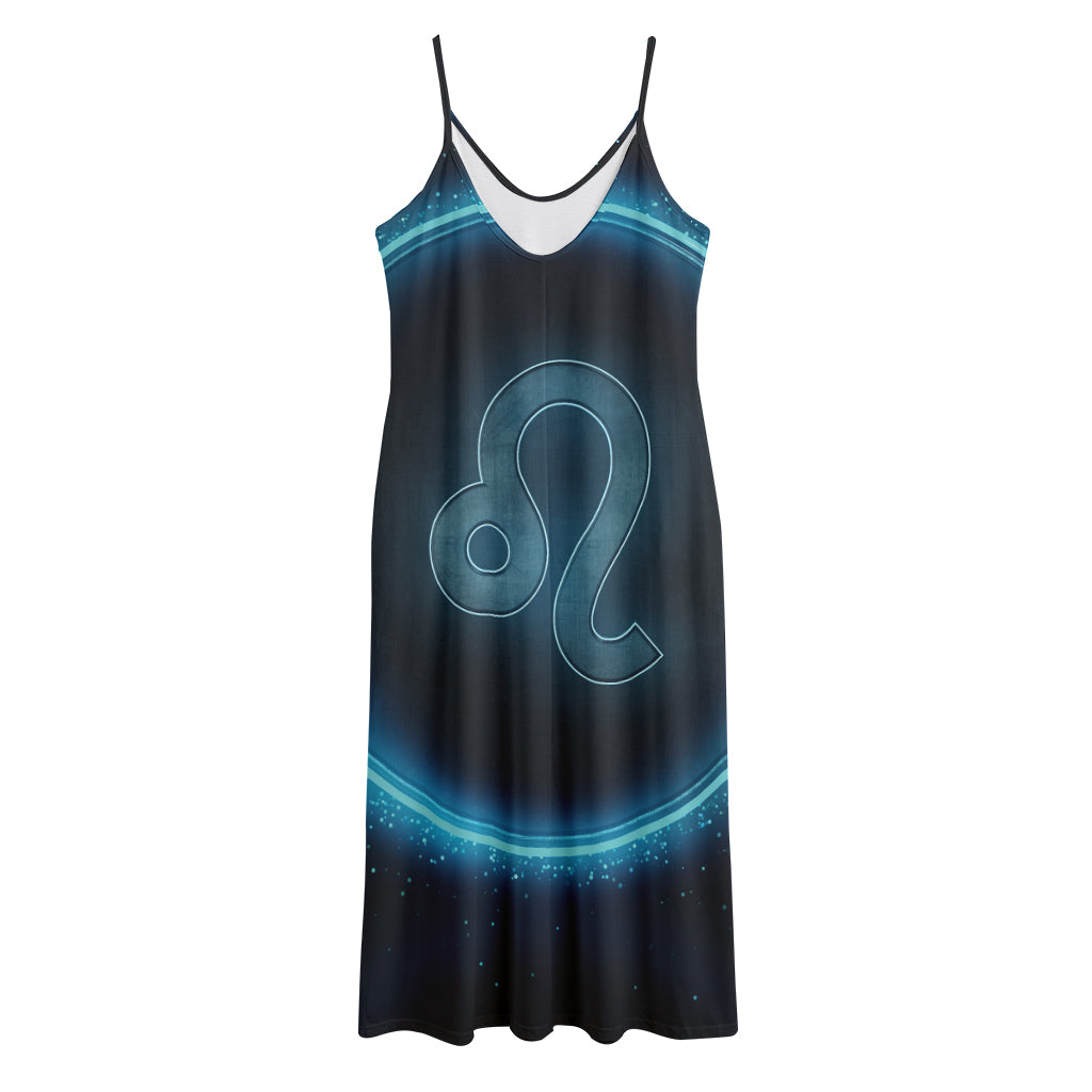Blue Leo Zodiac Sign Print Jersey Midi Cami Dress